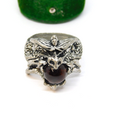Pewter Dragons Head Brown Glass Set Statement Ring Vintage c2000 Size U