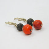 Pair of Sterling Silver Red Jasper & Lava Beads Leverback Earrings Vintage c1970