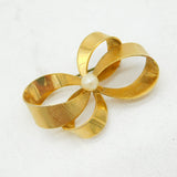 Gold Plated Pearl Set Textured Ribbon Form Brooch Vintage c1970