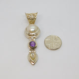 Sterling Silver Pearl, Amethyst & Moonstone Hinged Drop Pendant Modern c2000s
