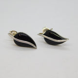 Pair of Sterling Silver Black Onyx Agate Leaf Form Stud Earrings Modern c2000