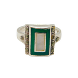 Sterling Silver Green Enamel & Mother Of Pearl Dress Ring Vintage c1970 Size O