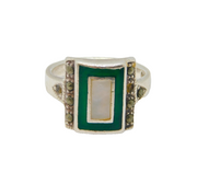 Sterling Silver Green Enamel & Mother Of Pearl Dress Ring Vintage c1970 Size O