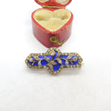 Victorian Sterling Silver, Diamond Paste & Blue Enamel Floral Brooch c1860