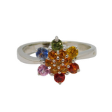 Sterling Silver Multi-Colour Sapphire Cluster DressRing Vintage c1990 Size P 1/2