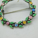 Sterling Silver & Colourful Enamel Floral Pattern Wreath Brooch Antique