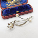 Modernist Sterling Silver Pearl Set Floral Brooch Pin Antique c1970