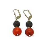 Pair of Sterling Silver Red Jasper & Lava Beads Leverback Earrings Vintage c1970