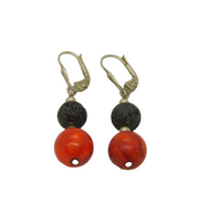Pair of Sterling Silver Red Jasper & Lava Beads Leverback Earrings Vintage c1970