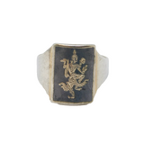 Sterling Silver Niello Black Enamel Deity Front Signet Ring Antique c1930 Size O