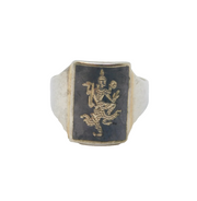 Sterling Silver Niello Black Enamel Deity Front Signet Ring Antique c1930 Size O