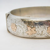 Sterling Silver & Gold Floral Pattern Cuff Bangle Bracelet Vintage 1960 Chester