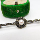 Sterling Silver, Marcasite & Pearl Set Bar Brooch Antique c1930 Art Deco