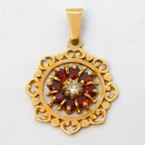 9ct Yellow Gold, Garnet & Diamond Floral Drop Pendant Vintage
