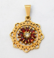 9ct Yellow Gold, Garnet & Diamond Floral Drop Pendant Vintage