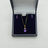 Boxed 9ct Gold, Amethyst & Diamond Necklace & Earrings Set Vintage