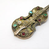 Austro-Hungarian 19th Century Sterling Silver Stone Set Violin Brooch Antique