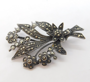 Sterling Silver Marcasite Set Floral Spray Brooch Antique c1930s Art Deco