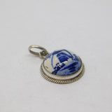 Sterling Silver Dutch Delft Ceramic Windmill Scene Round Pendant Vintage c1970