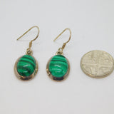 Pair of Sterling Silver Oval Cabochon Malachite Hook Drop Earrings Vintage c1970