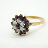 9ct Yellow Gold, Garnet & Opal Set Floral Cluster Ring Vintage c1970s