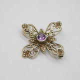 Sterling Silver Amethyst Floral Pattern Cross Brooch Pin Contemporary c1990