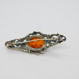 Sterling Silver Oval Baltic Amber Ornate Bar Brooch Pin Vintage c1970
