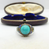 Chinese Sterling Silver Turquoise & Enamel Statement Ring Antique c1940 Deco