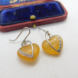 Sterling Silver, Paste & Heart Shaped Amber Resin Hook Earrings Vintage c1990