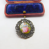 Georgian Iron Pyrite & Painted Porcelain Panel Brooch AF Antique c1820