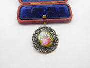 Georgian Iron Pyrite & Painted Porcelain Panel Brooch AF Antique c1820