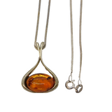 Sterling Silver & Baltic Amber Drop Pendant Necklace Vintage c1990s