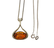 Sterling Silver & Baltic Amber Drop Pendant Necklace Vintage c1990s