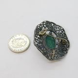 Sterling Silver & Cabochon Malachite Set Filigree Brooch Pin Vintage c1970s