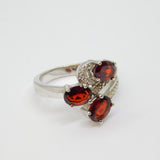 Sterling Silver Triple Oval Garnet Patterned Dress Ring Vintage c1970 Size N 1/2