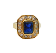 Gold On Sterling Silver Blue & White Paste Dress Ring Vintage c1970 Size M 1/2