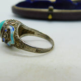 Chinese Sterling Silver Turquoise & Enamel Statement Ring Antique c1940 Deco