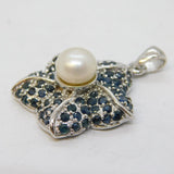 Sterling Silver, Sapphire & Pearl Floral Drop Pendant Vintage c1990s