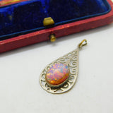 White Metal & Opal Drop Charm Pendant Vintage c1970