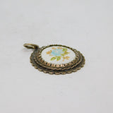Sterling Silver Painted Porcelain Round Charm Or Pendant Vintage c1970s