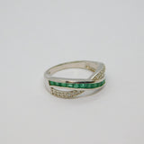 Sterling Silver Emerald & White Topaz Cross Over Ring Modern c1990 Size V 1/2