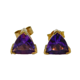 Pair of 9ct Yellow Gold & Triangular Amethyst Stud Earrings Vintage c1990s