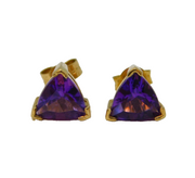 Pair of 9ct Yellow Gold & Triangular Amethyst Stud Earrings Vintage c1990s
