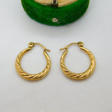 9ct Yellow Gold Rope Twist Hoop Hook Earrings Vintage 1970