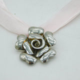 Sterling Silver Large Floral Pink Ribbon Pendant Necklace Vintage 2010 Bham