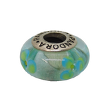 Sterling Silver Aqua Floral Glass Charmbead For Bracelet Vintage c2000
