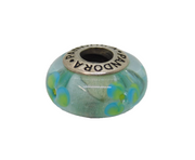 Sterling Silver Aqua Floral Glass Charmbead For Bracelet Vintage c2000