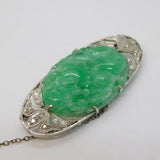 20th Century 9ct White Gold, Diamond & Carved Jade Floral Brooch Antique