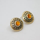 Pair of Sterling Silver Patterned Amber Button Form Stud Earrings Vintage c1970