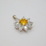 Sterling Silver Citrine & 9 Cubic Zirconia Flower Form Pendant Modern c1990s